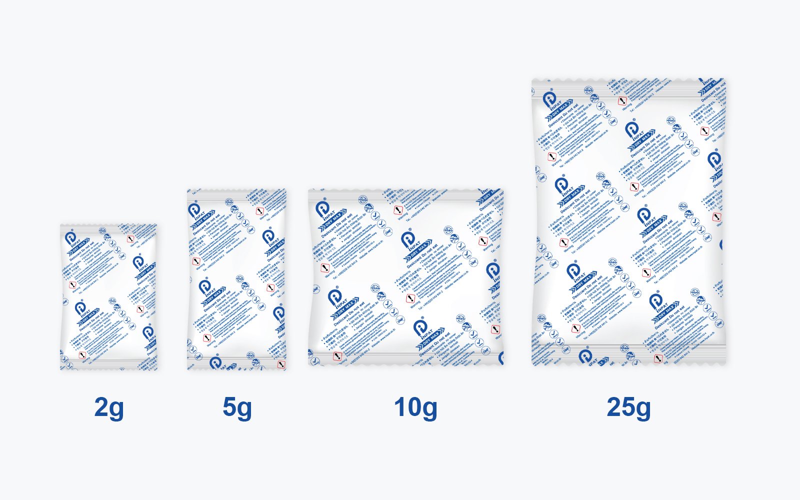 Different Sizes of Inpat Dry Max Desiccant Sachets